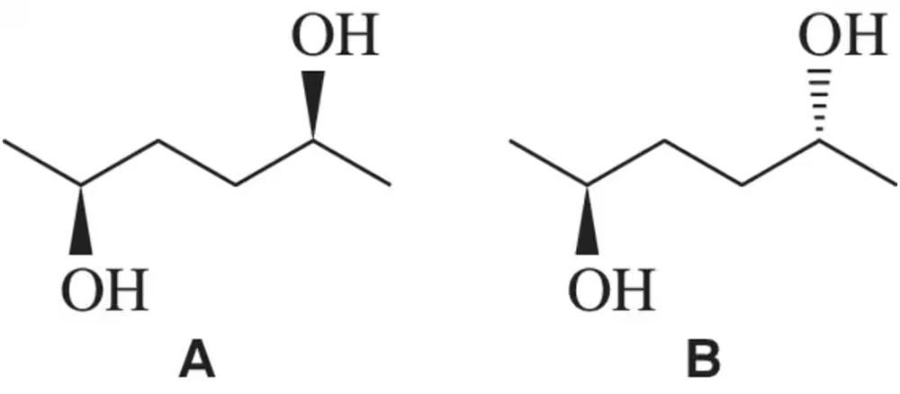 Structures of two diastereomers of hexane-2,5-diol labeled A and B, showing their hydroxyl (OH) groups.