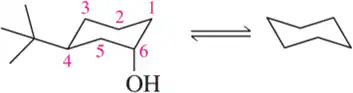 Diagram showing two chair conformations of a cyclohexane with numbered substituents and an -OH group, illustrating chair flip.