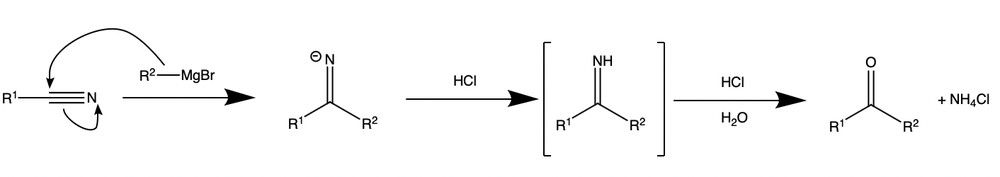 Reaction scheme showing the preparation of a ketone from a nitrile and Grignard reagent.