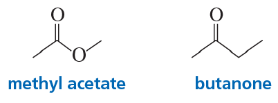 Structural formulas of methyl acetate and butanone, labeled for comparison of dipole moment and boiling point.