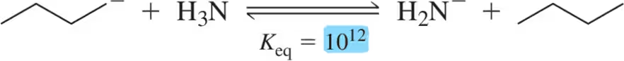 Chemical reaction diagram showing acid-base equilibrium with Keq value of 10^12, illustrating reactants and products.