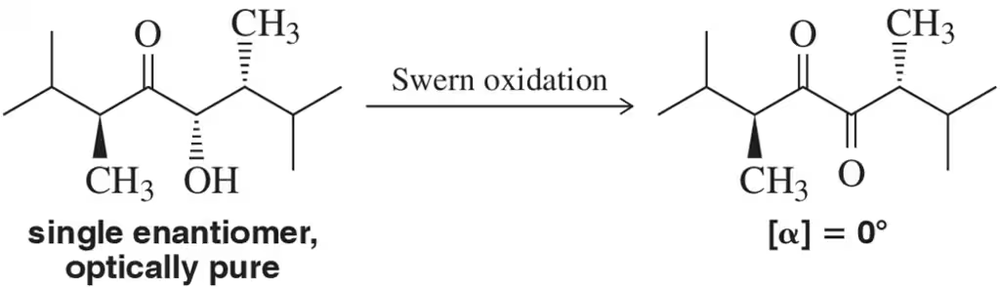Diagram showing Swern oxidation of an optically pure secondary alcohol to an optically inactive ketone.