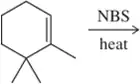Chemical reaction diagram: cyclohexene with methyl groups reacts with NBS under heat to form allylic bromination product.