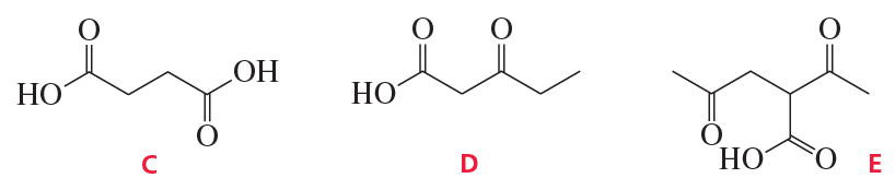 Structures of three compounds labeled C, D, and E, with a question about their decarboxylation upon heating.