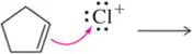 Chemical structure showing a pentagon with a positive chlorine ion and an arrow indicating a reaction mechanism.