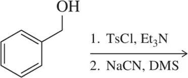 Chemical reaction: benzyl alcohol reacts with TsCl, Et3N, then NaCN, DMS to form a product.