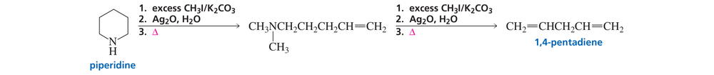 Diagram showing the reaction of piperidine to form 1,4-pentadiene, with steps and products labeled.
