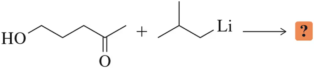 Chemical reaction: organolithium reagent reacts with a ketone containing a hydroxyl group, product unknown.
