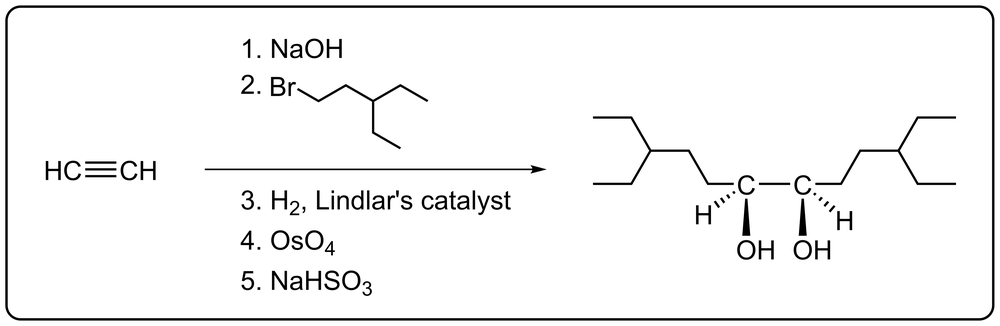 Reaction scheme showing reagents to convert acetylene and 1-bromo-3-ethylpentane into meso-3,10-diethyldodecane-6,7-diol.