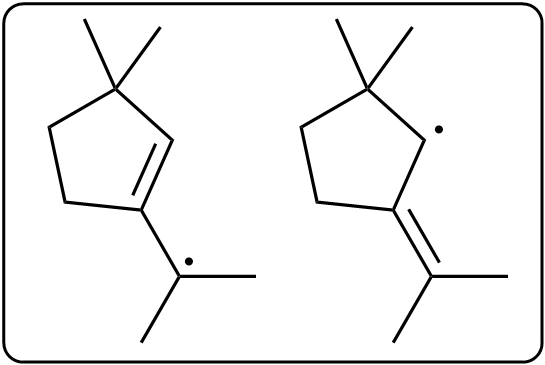 Two chemical structures illustrating possible radical sites in a compound.