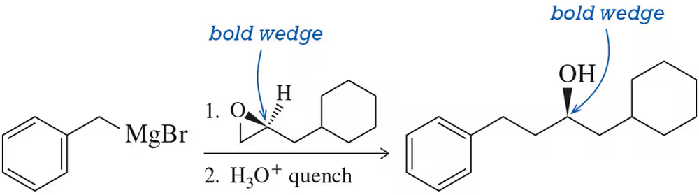 Chemical reaction diagram illustrating the Grignard reaction with epoxide, showing stereochemistry retention and product formation.