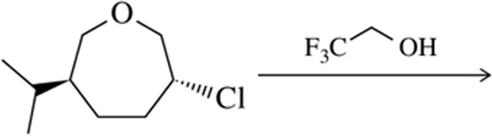 Chemical structure showing a cyclic compound with chlorine and an alcohol group, indicating a substitution reaction.