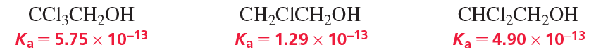 Chemical structures of three alcohols with their respective acidity constants (Ka) displayed in red text.