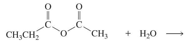 Chemical reaction diagram showing hydrolysis of a compound yielding two products and water.
