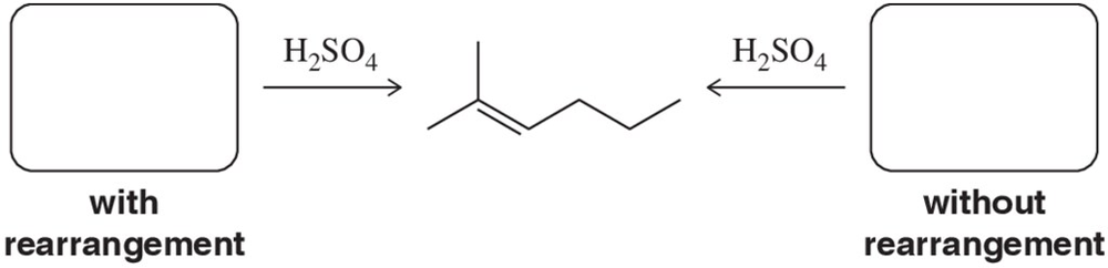 Diagram illustrating dehydration reactions of alcohols to form an alkene, highlighting rearrangement options.