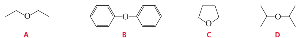 Structural formulas of four ethers labeled A, B, C, and D, with a question about peroxide formation.