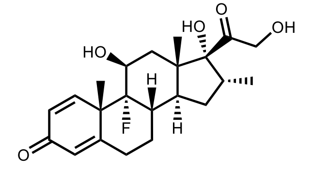 Chemical structure of dexamethasone, a synthetic steroid hormone.