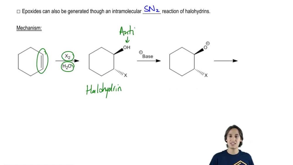 Halohydrins to epoxides via intramolecular SN2.