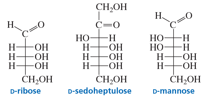 Structural formulas of D-ribose, D-sedoheptulose, and D-mannose with labels beneath each molecule.