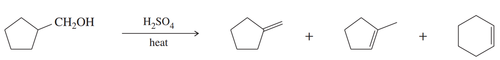 Chemical reaction diagram showing dehydration of an alcohol to form alkenes and additional products.