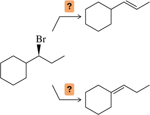 Flowchart showing a haloalkane with a bromine atom and pathways to synthesize alkenes, with question marks indicating base suggestions.