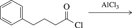 Chemical structure depicting a Friedel-Crafts acylation reaction with a benzene ring, acyl chloride, and aluminum chloride.