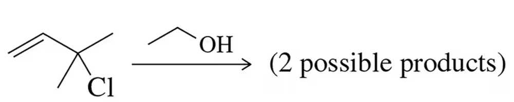 Chemical structure showing a chlorine atom and hydroxyl group with an arrow indicating two possible products from a solvolysis reaction.