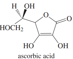 Chemical structure of ascorbic acid (vitamin C) with labeled functional groups and molecular formula.