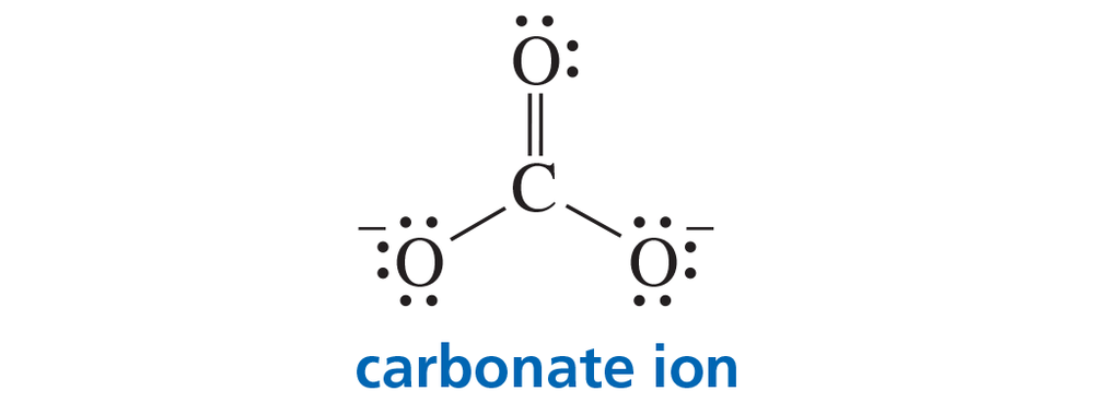 Diagram of the carbonate ion showing three carbon-oxygen bonds and the charge distribution on each oxygen atom.