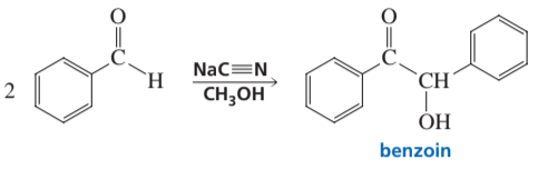 Benzoin condensation reaction diagram showing reactants, sodium cyanide, and product benzoin.