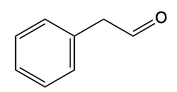 Chemical structure of benzaldehyde, a compound derived from benzene.