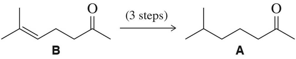 Chemical structures labeled A and B, showing a transformation over three steps, with carbonyl groups indicated.
