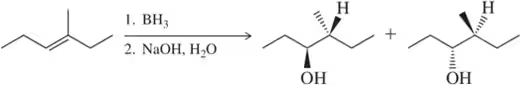 Mechanism showing hydroboration reaction producing two isomers with hydroxyl groups and hydrogen atoms.
