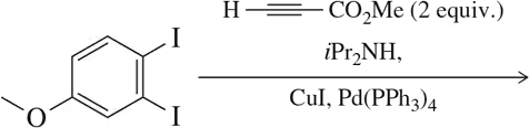Chemical structure diagram illustrating a Sonogashira coupling reaction with reactants and conditions labeled.