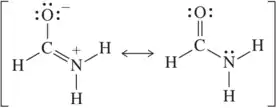 Two resonance structures of a molecule with arrow-pushing formalism indicating electron flow between them.