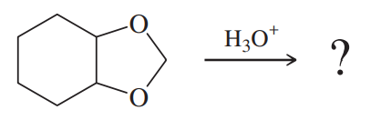 Chemical structure showing two carbonyl groups, one reacting with H3O+ and the other not, with a question mark indicating inquiry.