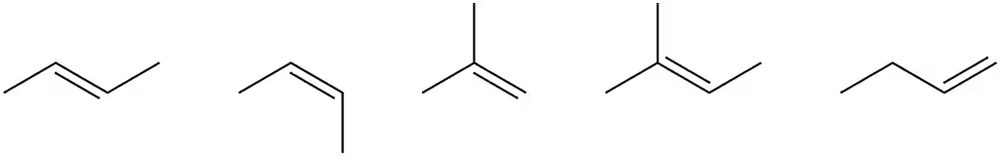 Five structural formulas of alkenes are shown, illustrating their varying stability for comparison.