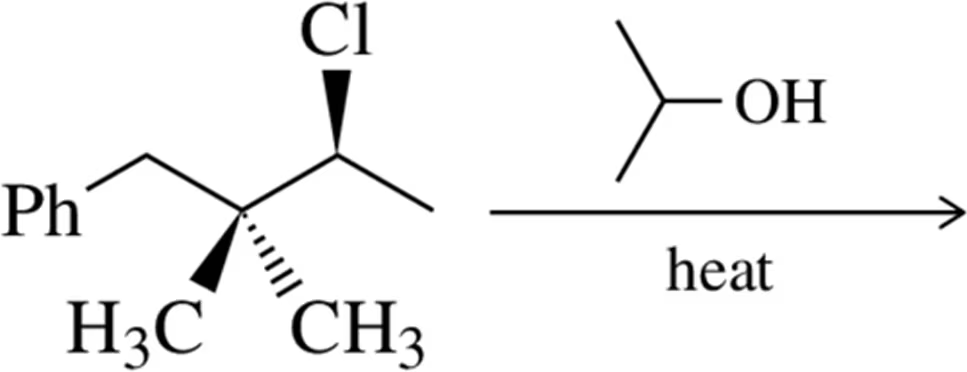 Chemical structure showing a chlorine atom on a carbon chain, with an arrow indicating heat leading to an alcohol product.