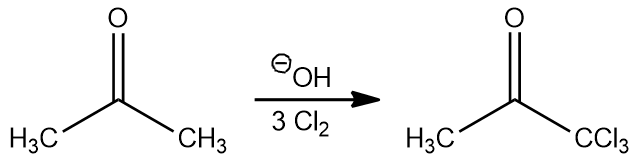 Mechanism of base-promoted chlorination of acetone with chlorination steps shown.