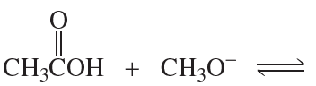 Chemical equation showing an acid-base reaction with reactants and products, indicating equilibrium direction.