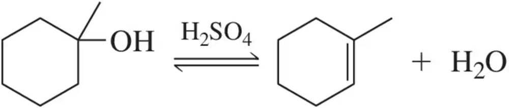 Chemical reaction diagram showing the dehydration of an alcohol to form an alkene, with sulfuric acid as a catalyst.