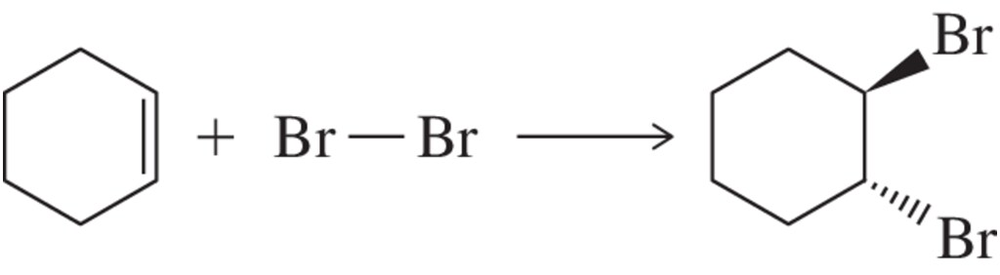 Chemical reaction diagram showing the addition of bromine to an alkene, resulting in a brominated cyclohexane product.