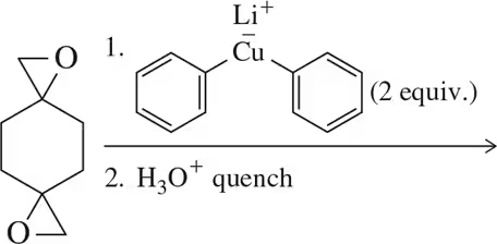 Epoxide reacts with lithium diphenylcuprate and H3O+ quench to predict the product.