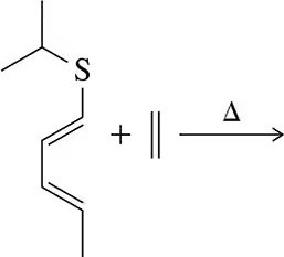 Chemical reaction diagram showing a diene with a sulfur atom reacting with a dienophile under heat.