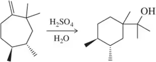 Chemical reaction diagram showing acid-catalyzed hydration with reactants and product structure labeled.