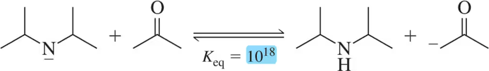 Chemical reaction diagram showing acid-base equilibrium with K_eq value of 10^18, featuring nitrogen and oxygen compounds.