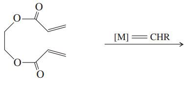 Chemical structure illustrating metathesis reactions with a cyclic compound and a general catalyst notation.