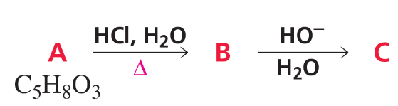 Chemical reaction diagram showing compounds A, B, and C with structural formulas and reaction conditions labeled.