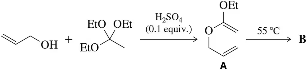 Chemical reaction diagram showing reactants, intermediate A, and product B with conditions for the Johnson–Claisen reaction.
