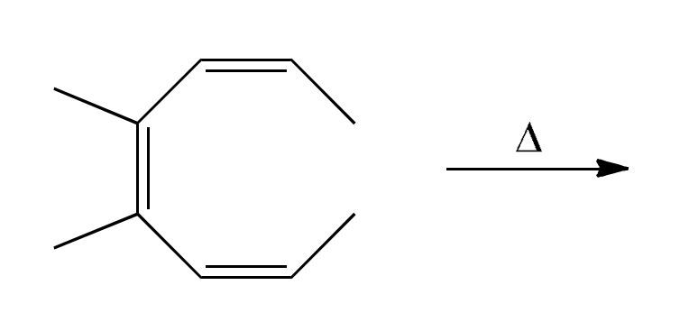 Electrocyclic reaction diagram showing a cyclic compound and a product prediction arrow.